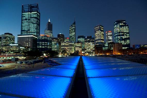 Ferry terminal roof all lit up at night at Elizabeth Quay