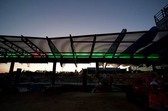 Ferry terminal roof from the underneath, showing Transperth green on Elizabeth Quay